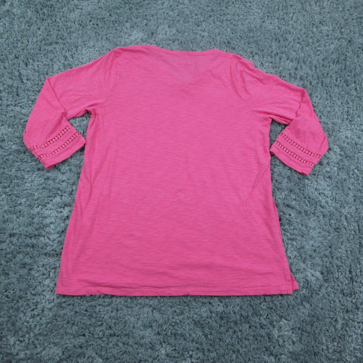 Kim Rogers Top Womens Medium Pink 3/4 Sleeve Tunic Boho Crochet Trim Lightweight