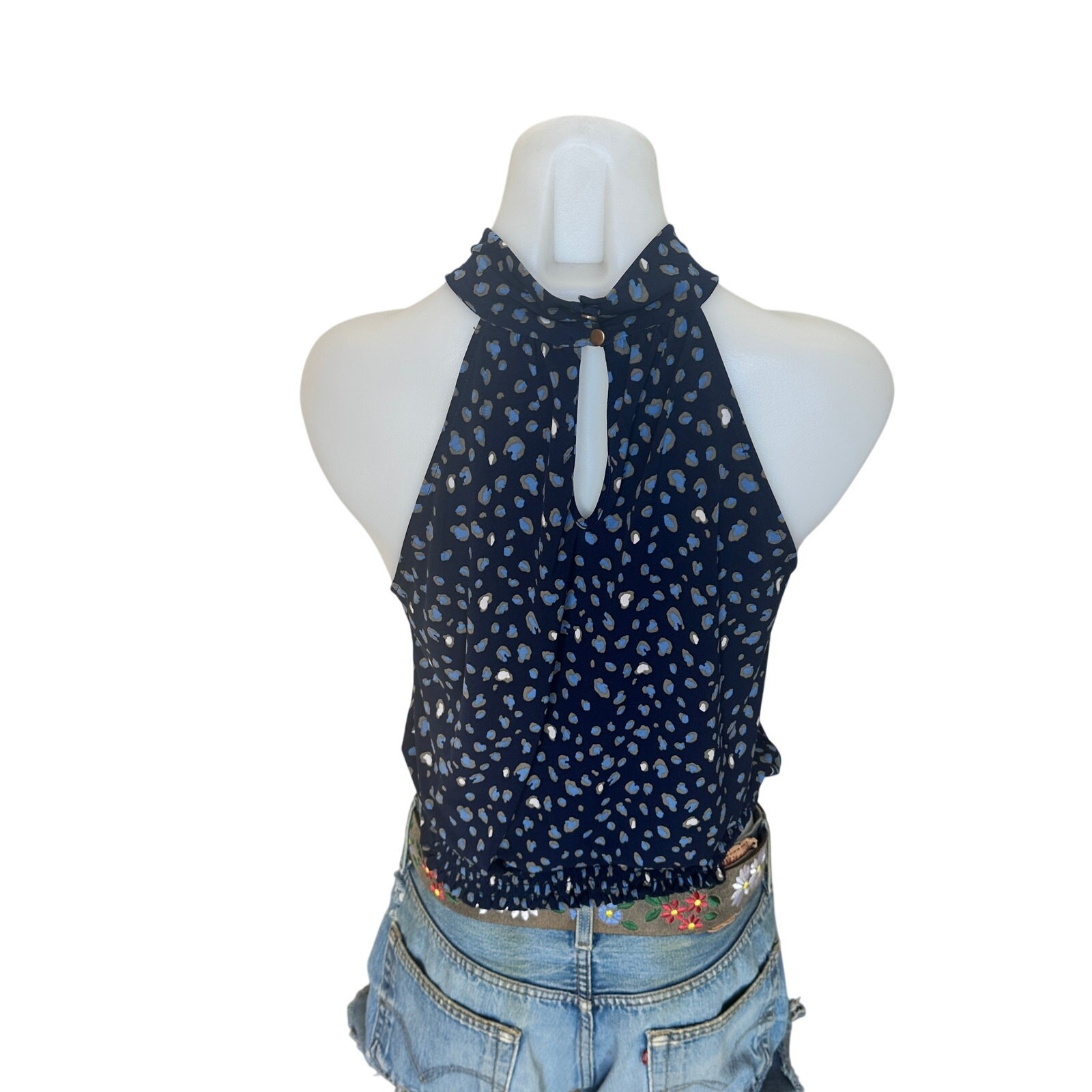 Blue Leopard Halter Shell Top SMALL Shell Animal Print Smocked Career Office