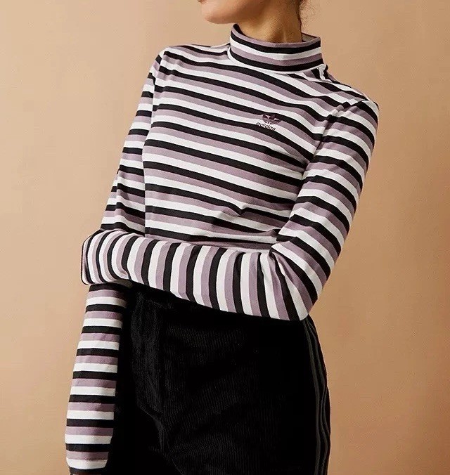Adidas Urban Outfitters White Purple Stripe Long Sleeve Mock Neck Top Medium