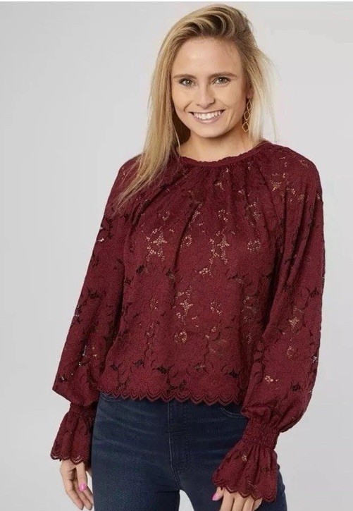 NWOT FREE PEOPLE Olivia Lace Top Sz XL Dolman Balloon Poet Sleeve Burgundy Red