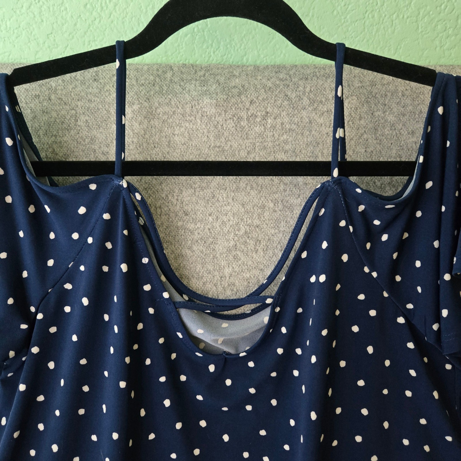 Kaileigh Navy Blue Polka Dot Cold Shoulder Flutter Sleeve Top Medium