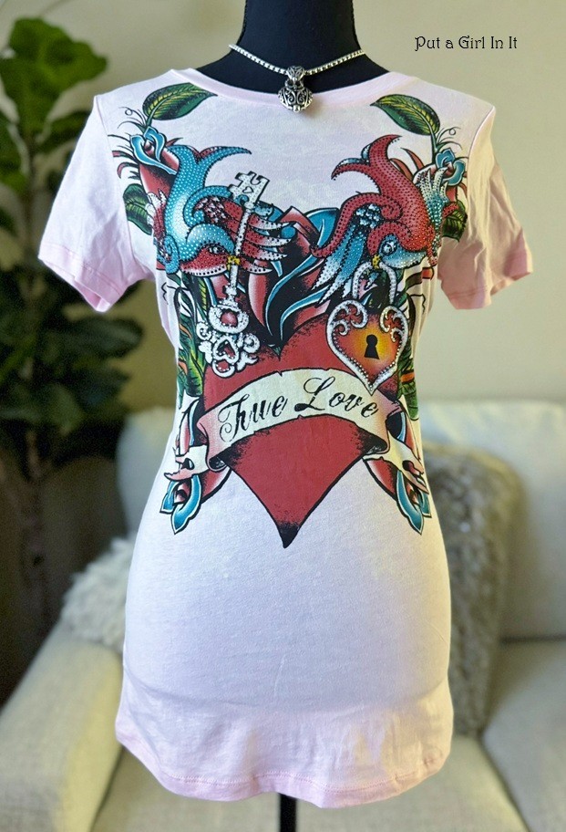 USA New VOCAL Womens CRYSTAL PINK HEART WINGS TRUE LOVE BIRDS SHIRT M L XL Y2K