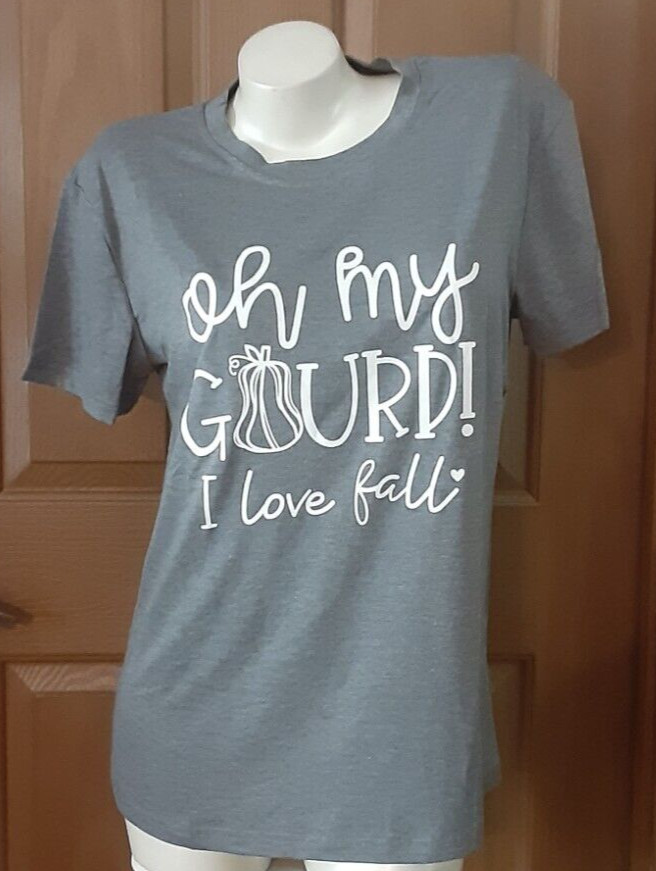 Thanksgiving Oh My Gourd Gray Short Sleeve Tee Misses Size M NIB