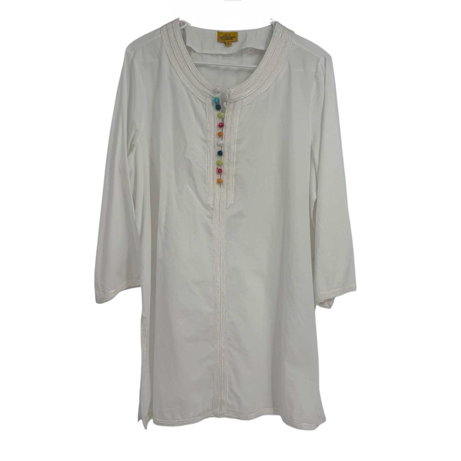 Roberta Roller Rabbit White Kurta Tunic Top Size Large Braided Trim French Knots