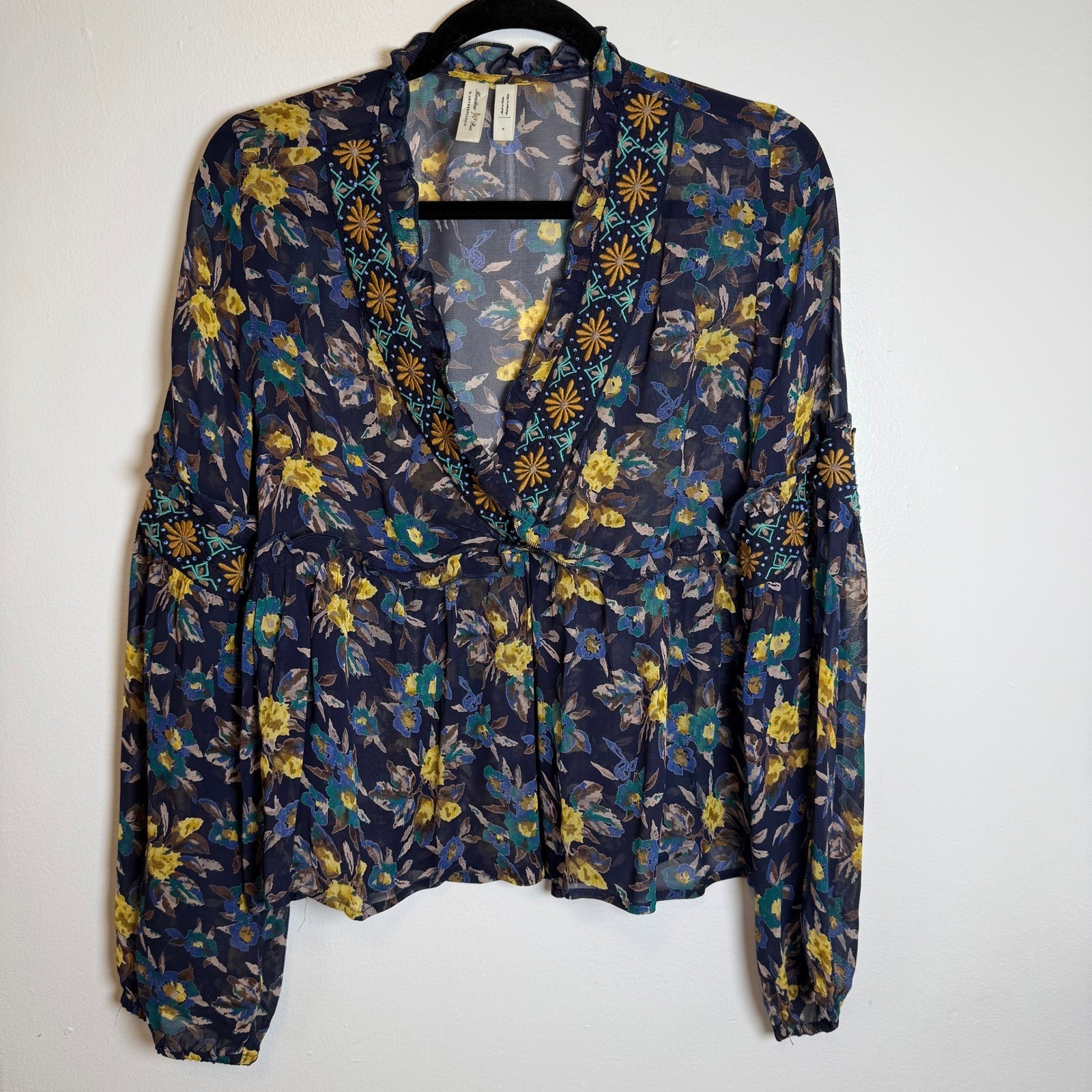 Meadow Rue by Anthropologie Embroidered Floral V-Neck Boho Blouse Women’s S