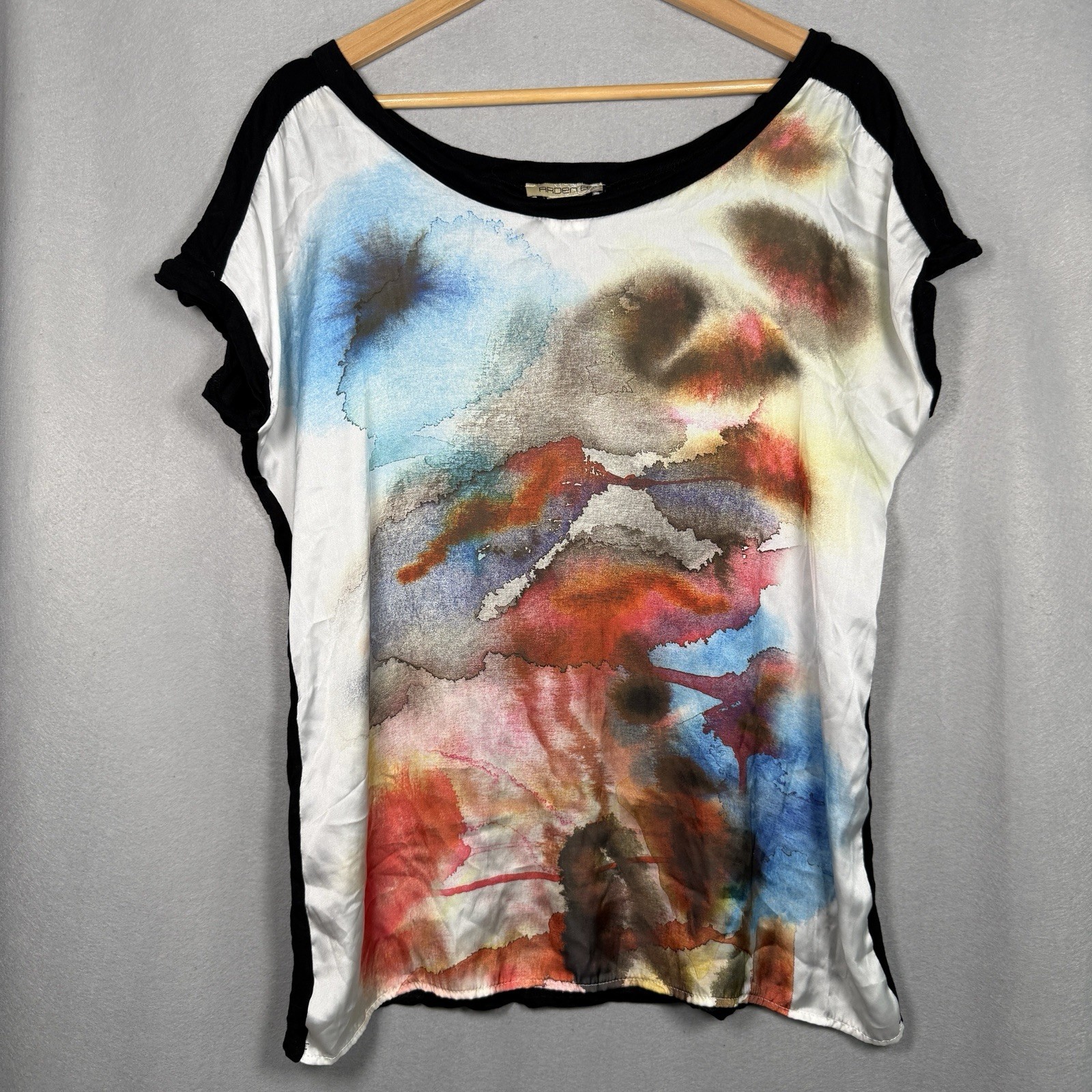 VTG Arden B Top Y2K Artsy Satin Watercolor Painting Mixed Media Short Sleeve L