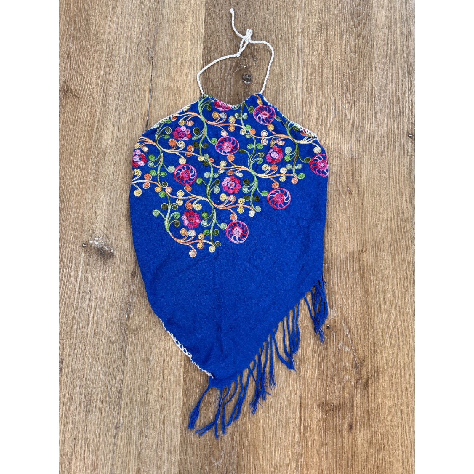 Y2K Embroidered Floral Halter Top Women One Size Blue Fringe Boho Festival Folk