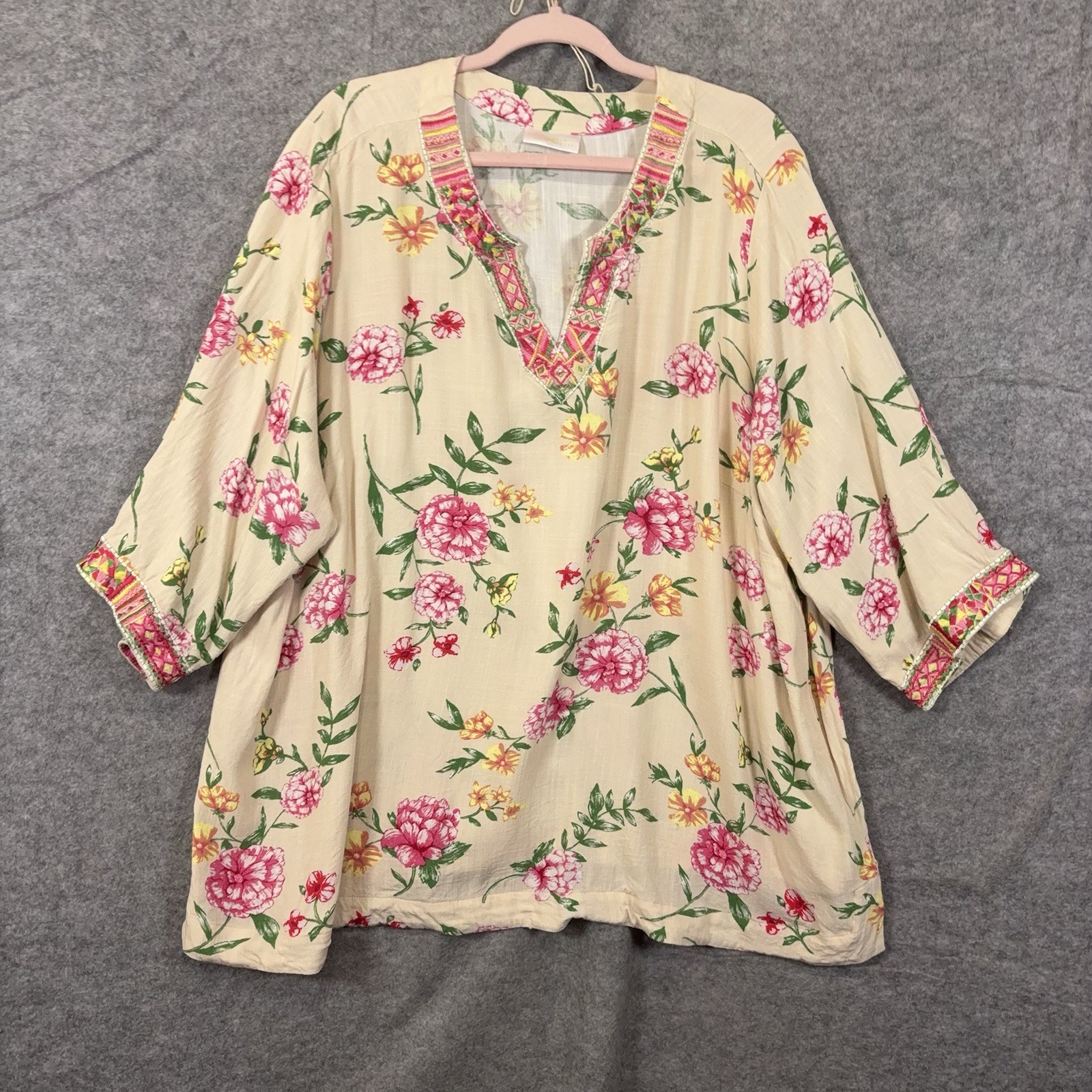 BELLE by Kim Gravel Tunic Blouse Womens 3X Cream Floral Embroidered Lightweight
