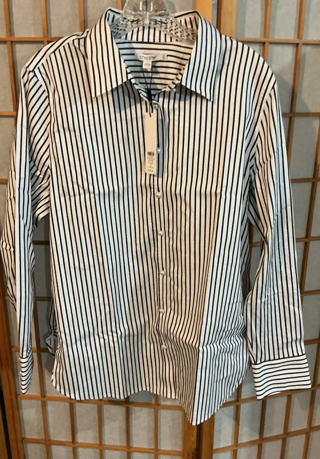 NWT Chico’s Blue/White/Gold Striped Button-Down Long Sleeve Plus Blouse Size 2