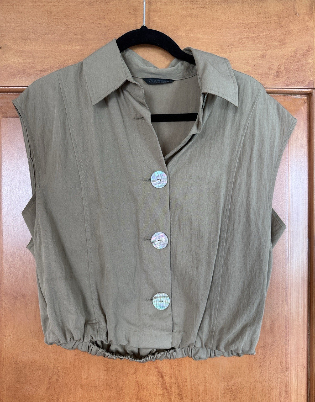 Zara Green Solid Woven Sleeveless Collared Button Front Blouse Top XS