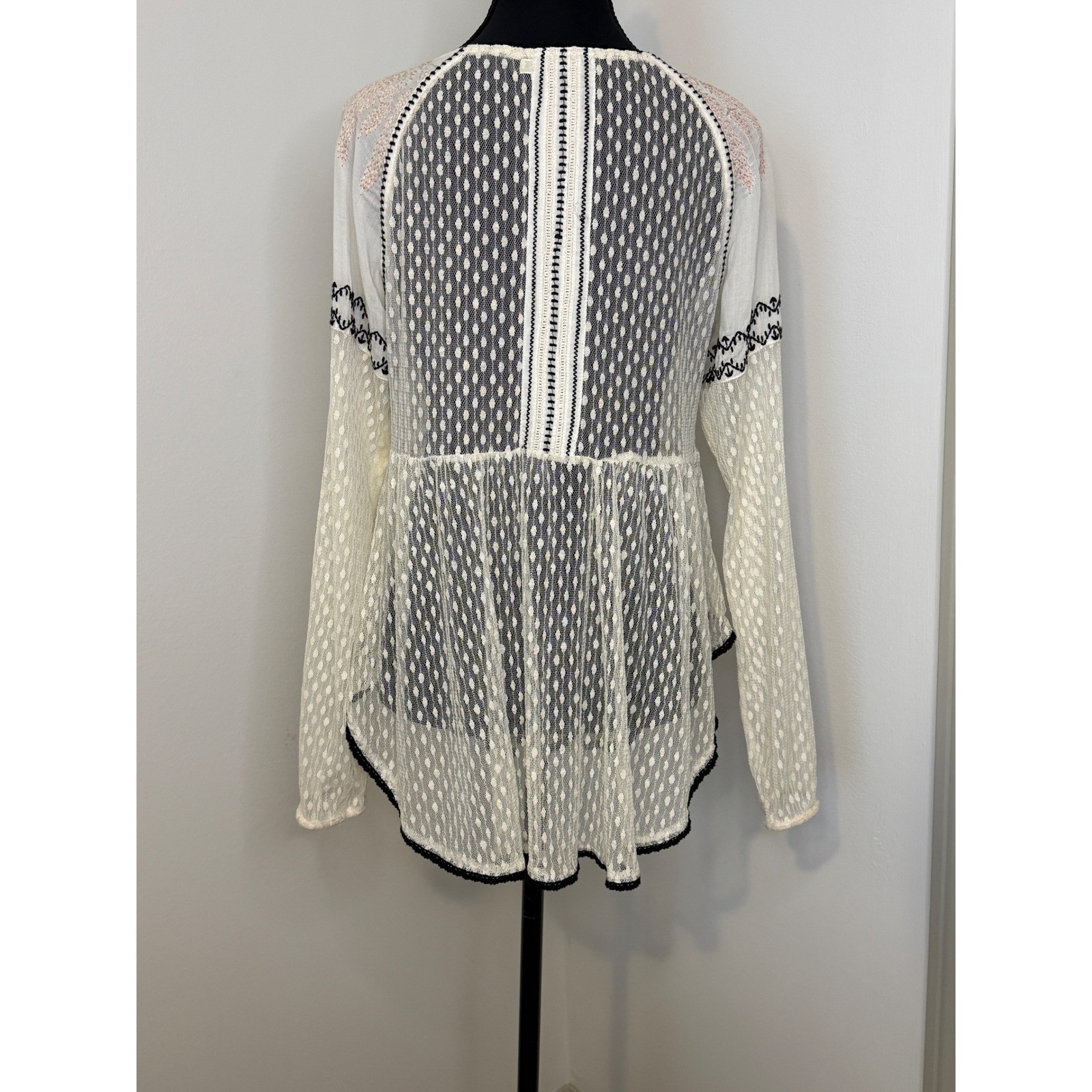 Hazel Ivory Lace Tunic Top Small Boho Embroidered Tassel Lace-Up High-Low Peplum