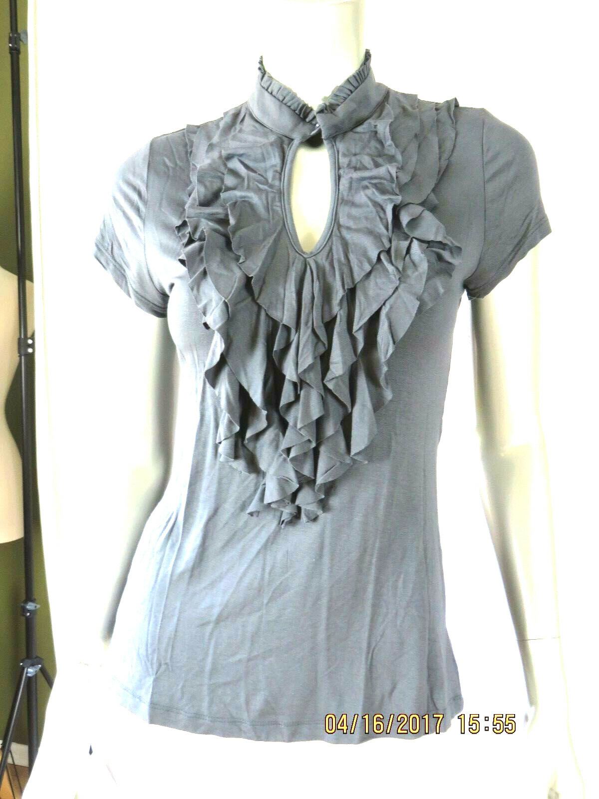 TWENTY ONE SZ S Viscose/Spandex Charcoal Gray Ruffle Shirt High Neck Blouse Top