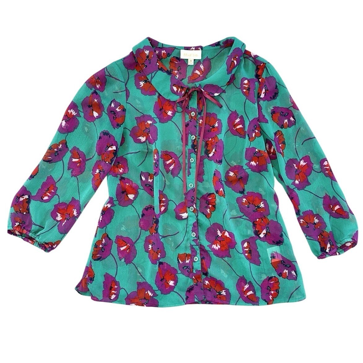 ModCloth Floral Blouse Size Medium Peter Pan Collar Bow Chiffon Art Hoe Teacher