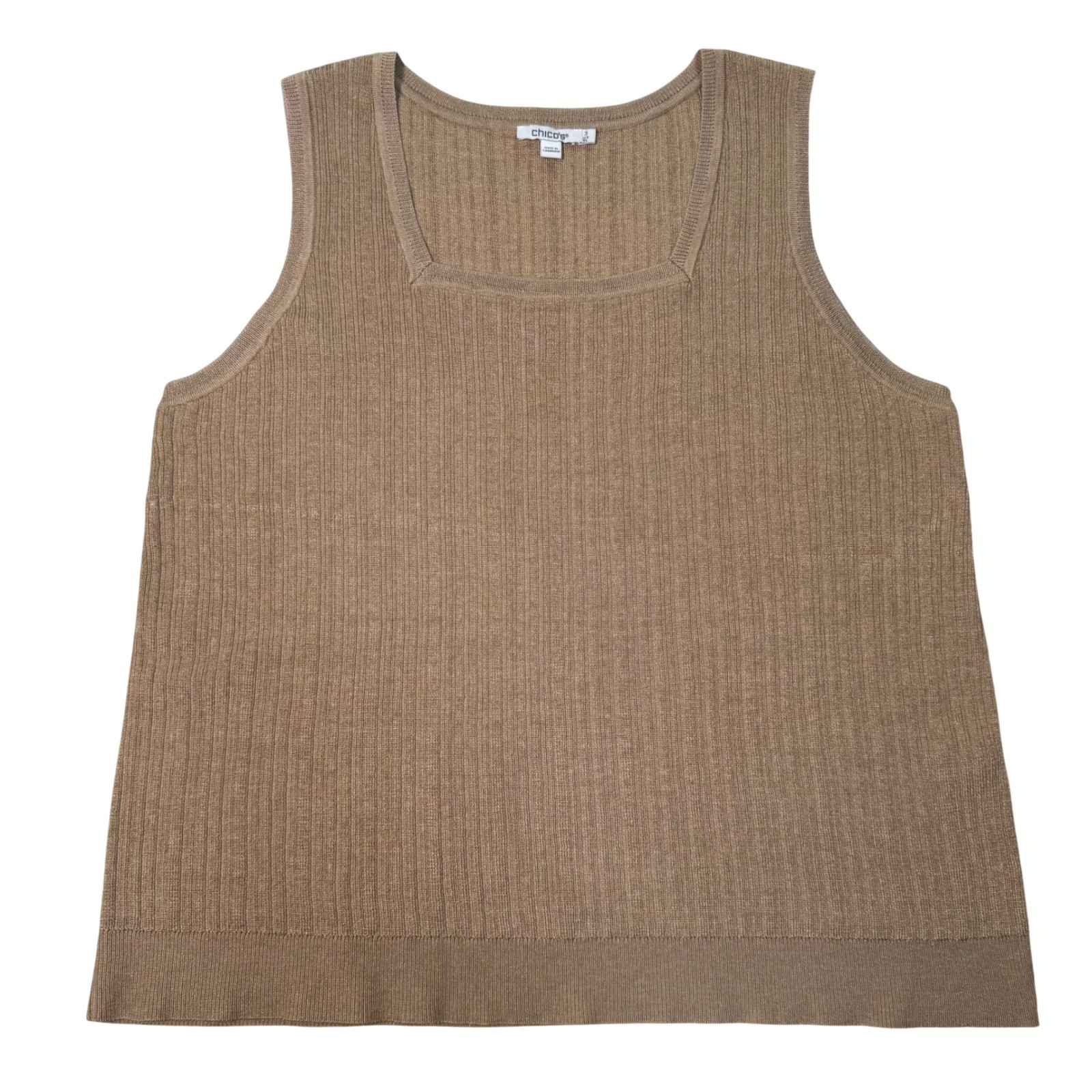 Chico’s Ribbed Knit Tank Top Tan Metallic Gold Square Neck Rayon Blend Size 3 XL