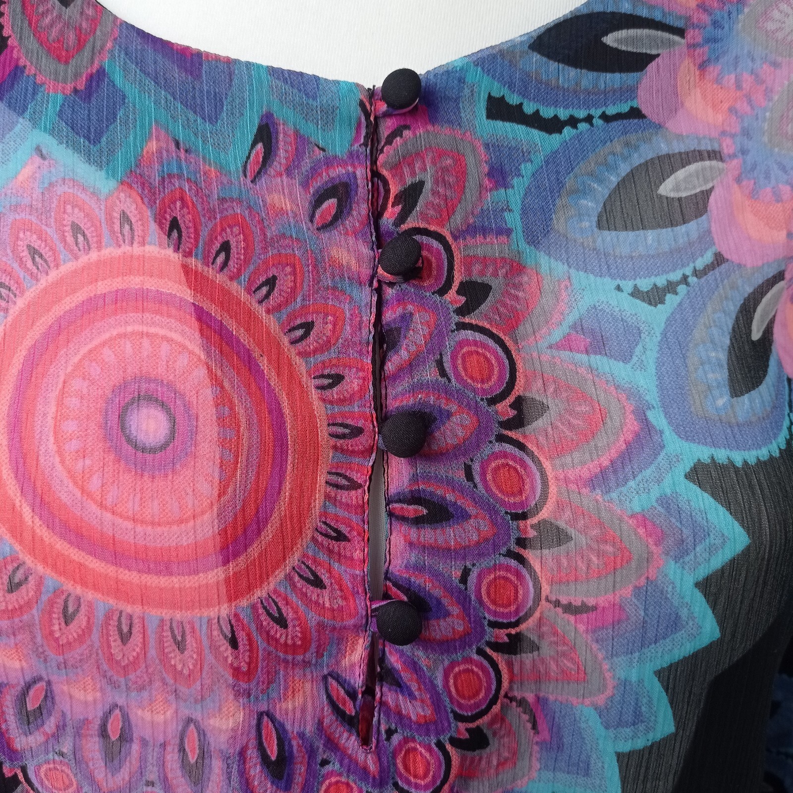 Desigual Women’s Black Sheer Chiffon Blouse M – Mandala Print Long Sleeve