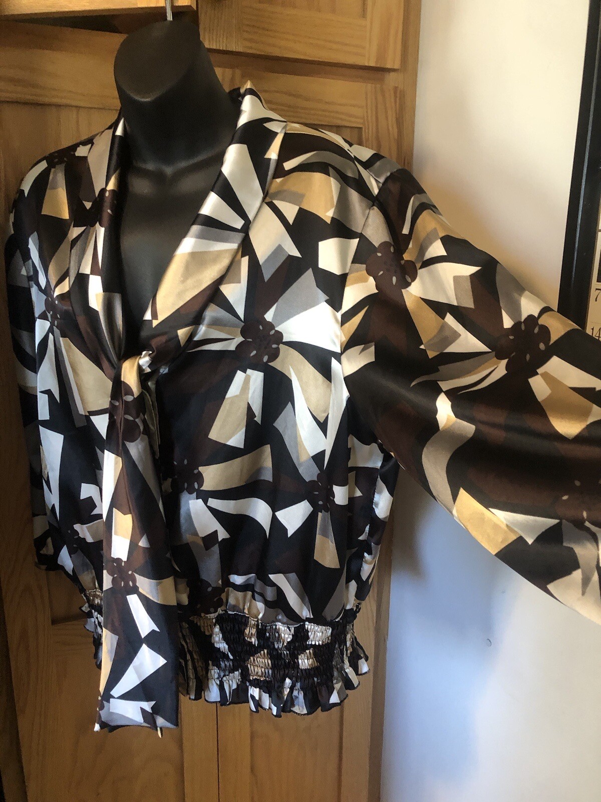 Apostrophe Tie Satiny Blouse Button Up Geometric Print Multi Color Size XL