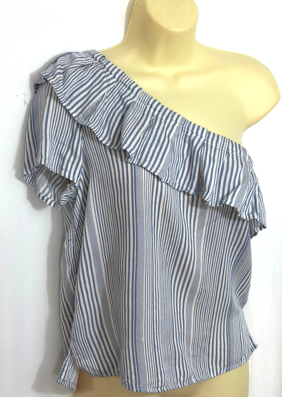 women’s Nitrogen top size small blue stripe off shoulder ruffle neckline viscose