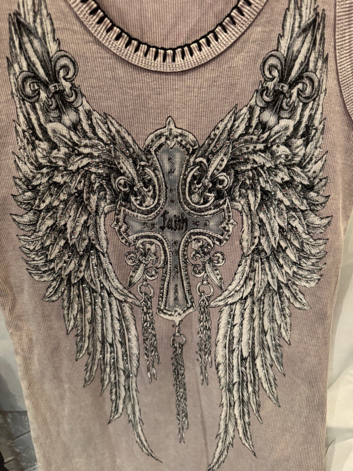 Vocal Women M Sleeveless Knit Graphic Print Angel Tank Rhinestone Lace