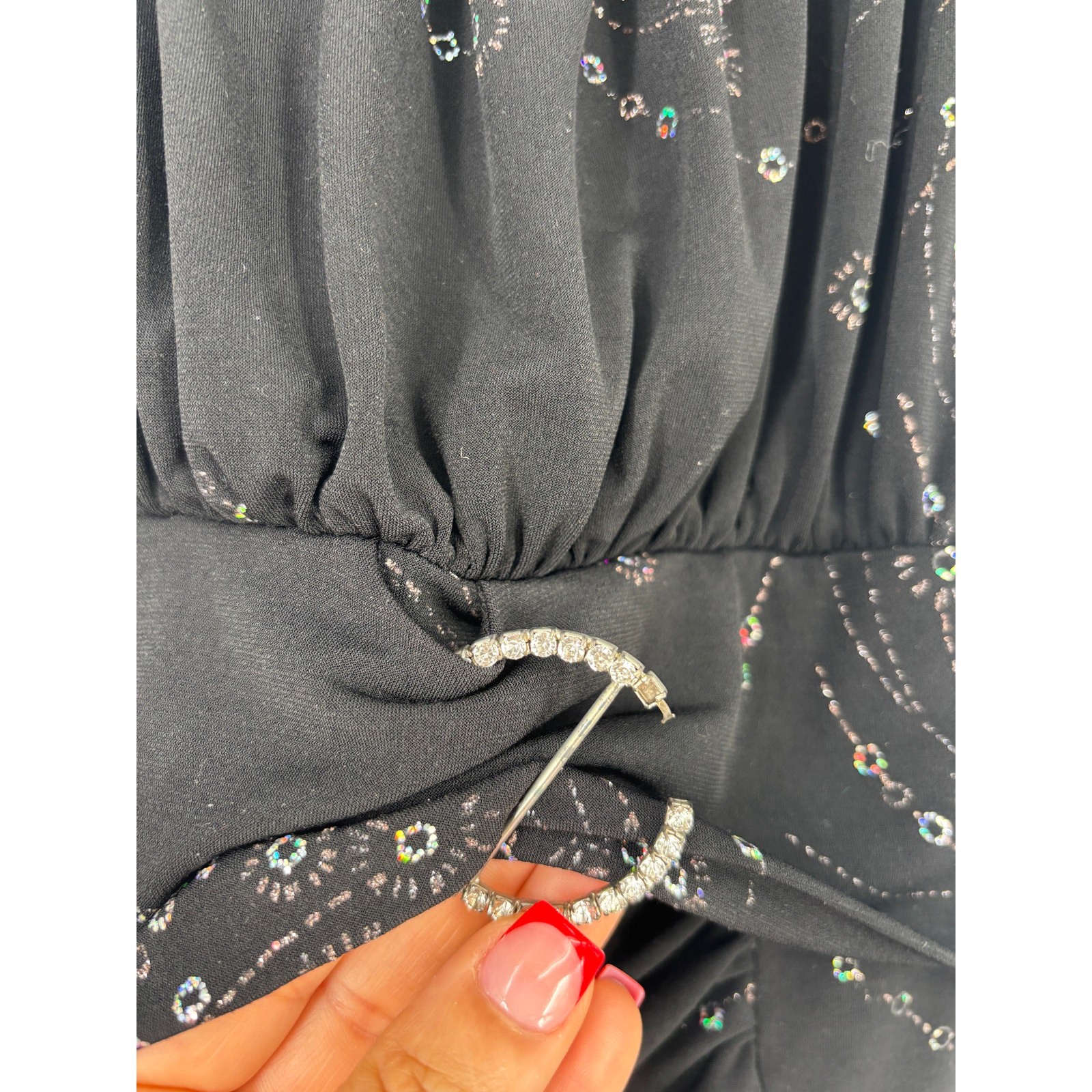 Studio 1940 Blouse Ruched Embellished Rhinestone Stretch Top Black Size Large
