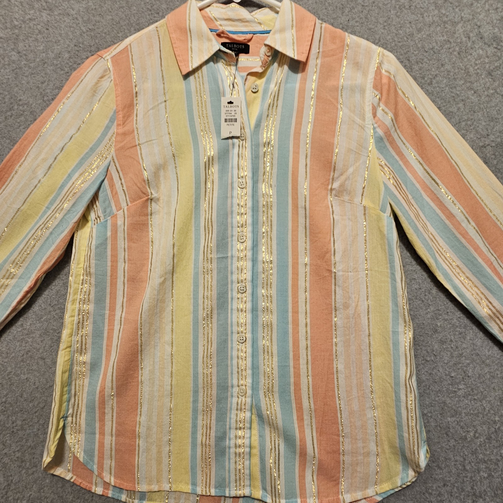 Talbots Pastel & Gold Striped Button Down LS Blouse Women’s Size Petite NWT