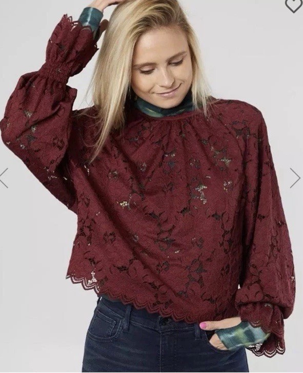 NWOT FREE PEOPLE Olivia Lace Top Sz XL Dolman Balloon Poet Sleeve Burgundy Red