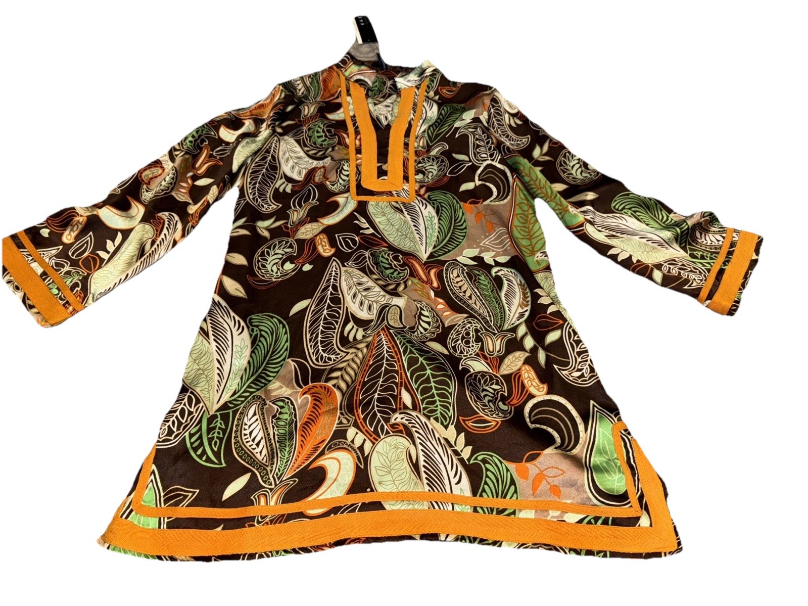 Kas New York Tunic Shirt Womens Long Sleeve Sz Large Brown Multi Leaf Silk