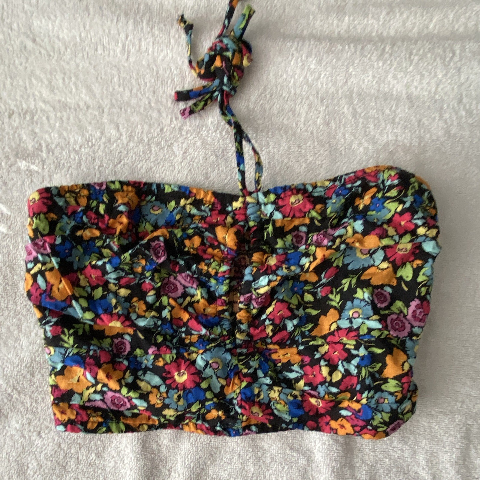 Wild Fable Floral Halter Cropped Tank Top XS Multicolor Ruffle Tie Strap