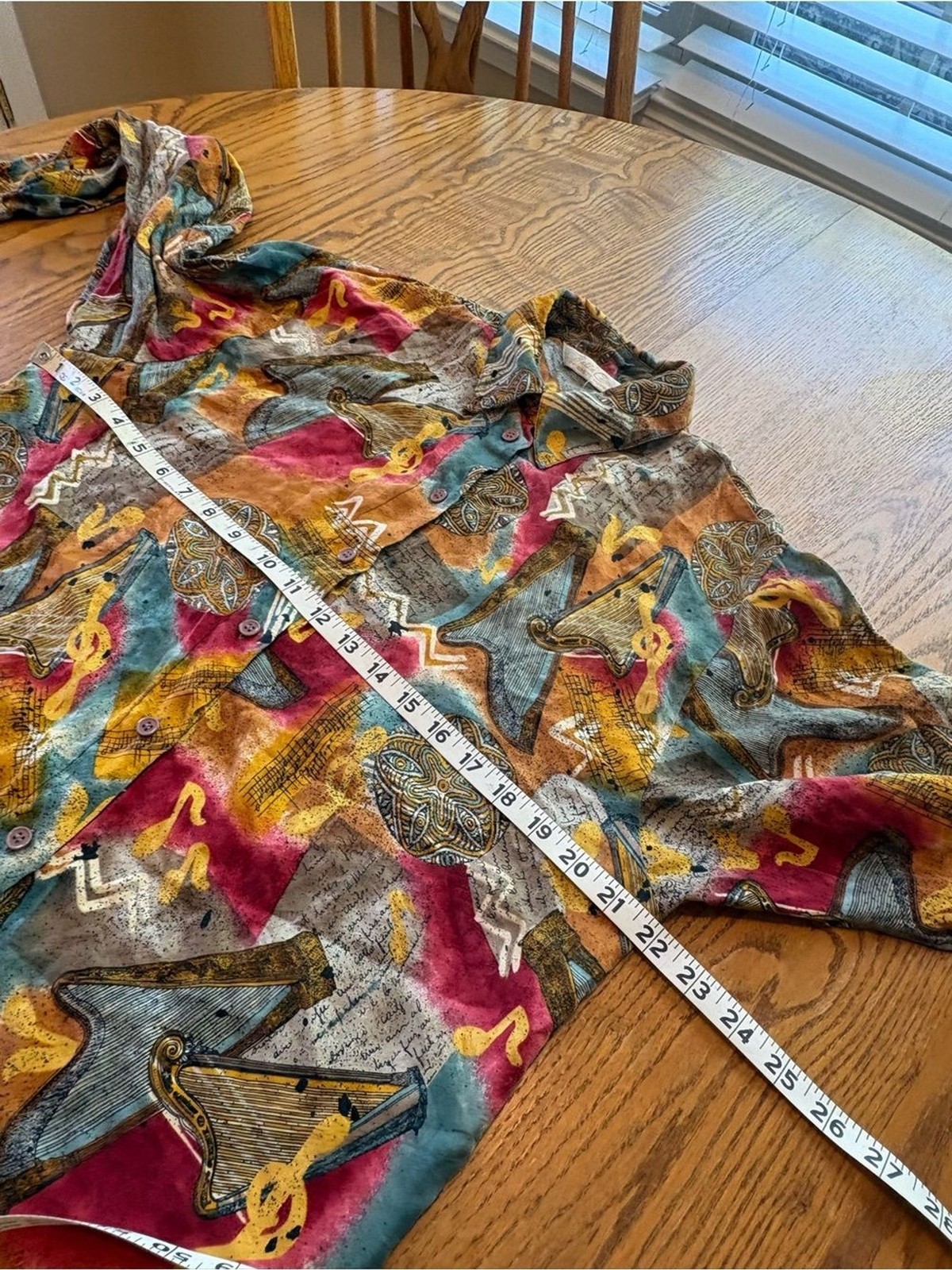 Vintage 80’s-90’s Harp Music Print Silk Blouse Top Size 10 Teal Gold Red