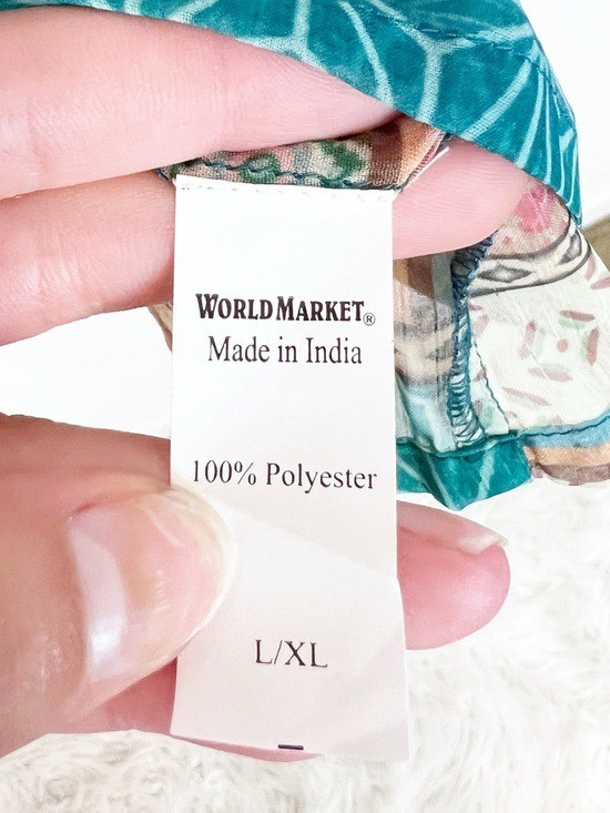 WORLD MARKET TAN RED TEAL BLUE SEMI SHEER BOHO PLEATED NECKLINE BLOUSE SZ L/XL