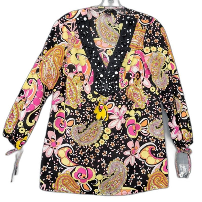 Sunny Taylor Black Boho Paisley Floral Shirt NEW Beaded V-Neck Top Womens Size S