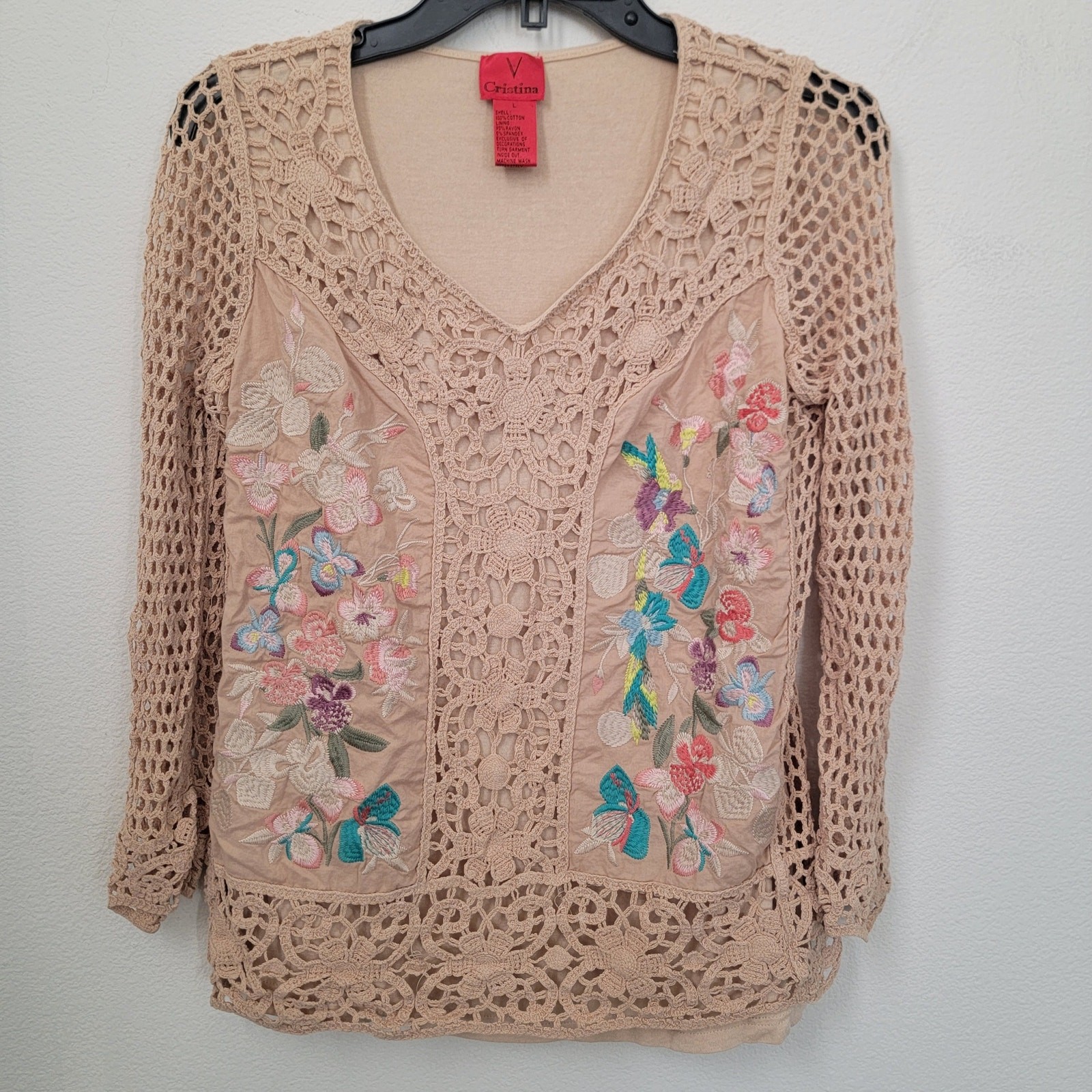 V Cristina Womens Tan Crochet Embroidered Floral V-Neck Long Sleeve Top Large