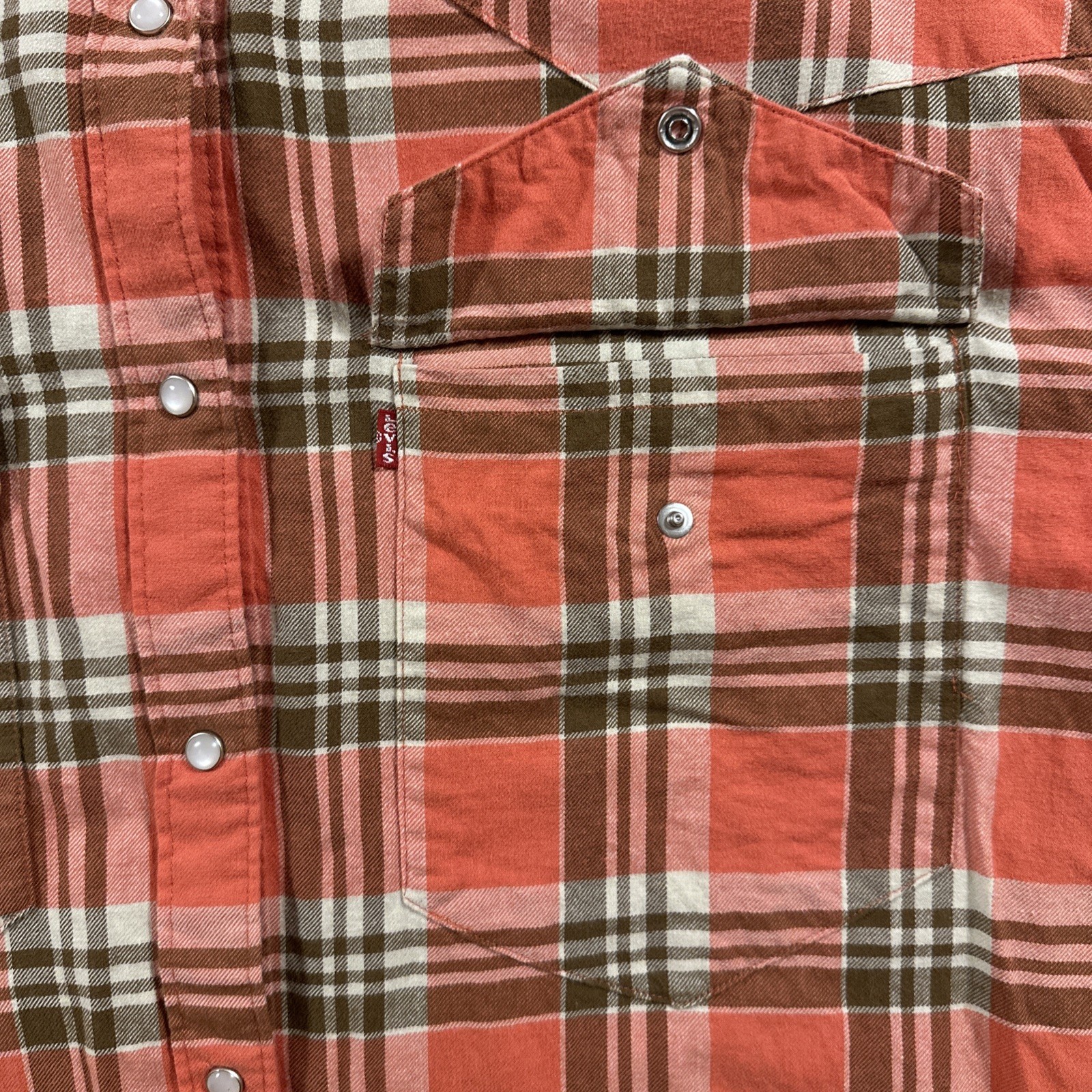 Levi Pearl Snap Shirt Womens Large Pink Plaid Flannel Western Cowboy Outdoor USA