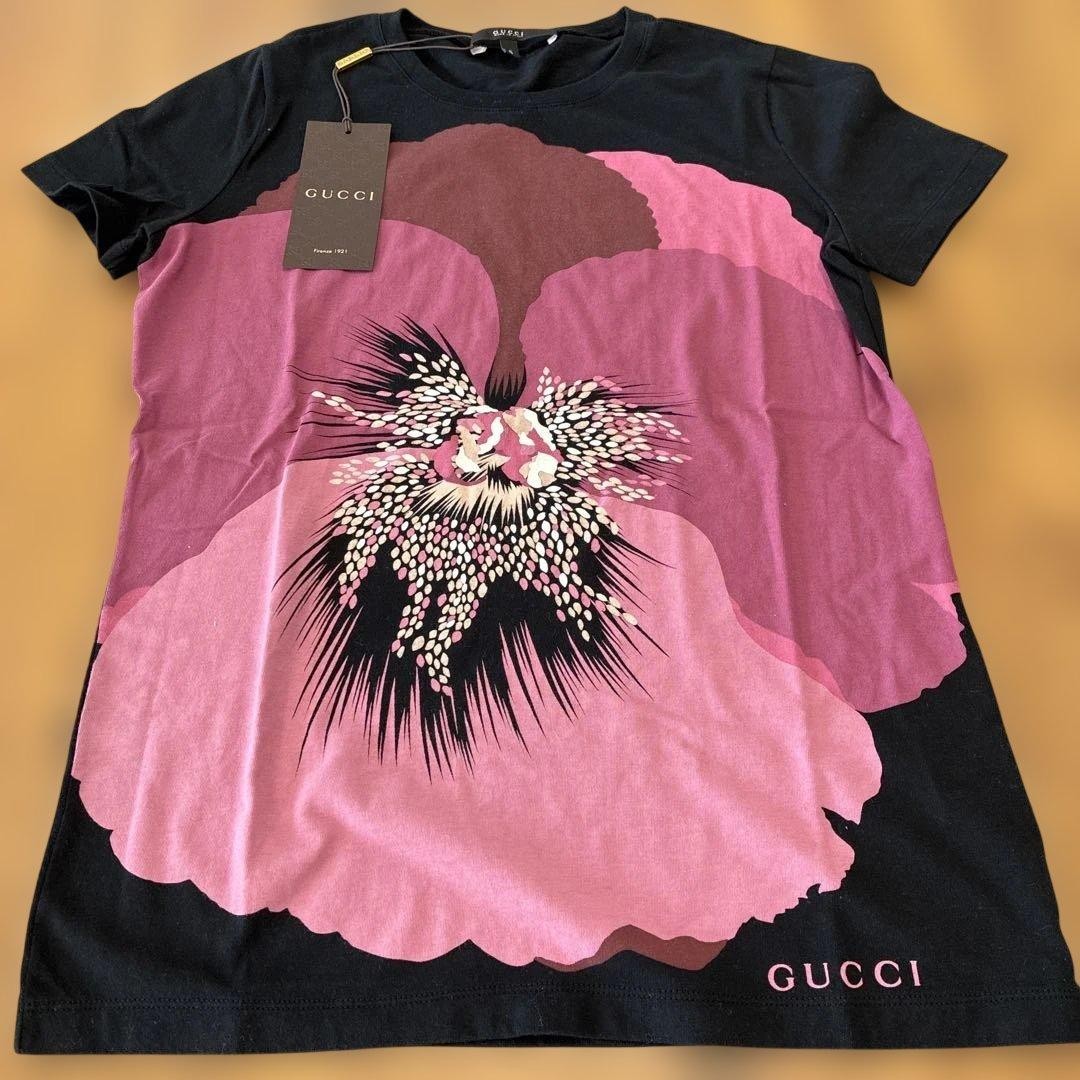 GUCCI Flower Print T-Shirt Black Pink Size 63cm 25in Short Sleeve