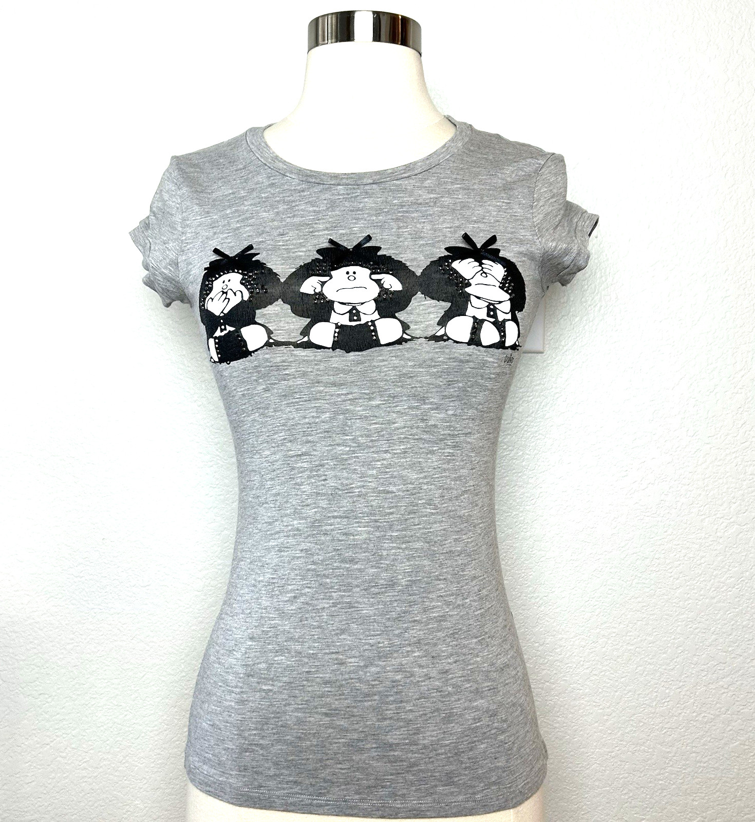 Liu Jo T-shirt Womens Size XS Heather Gray See No Evil Hear No Evil Studded