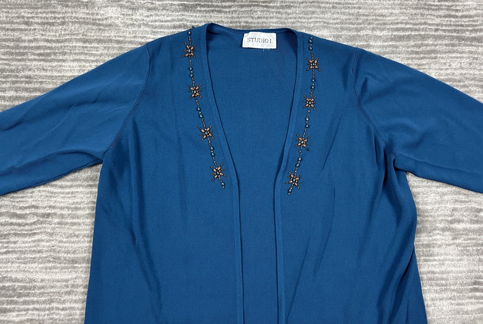 Studio I Top Womens XL Blue Beaded Cardigan 3/4 Sleeve Open Front Casual