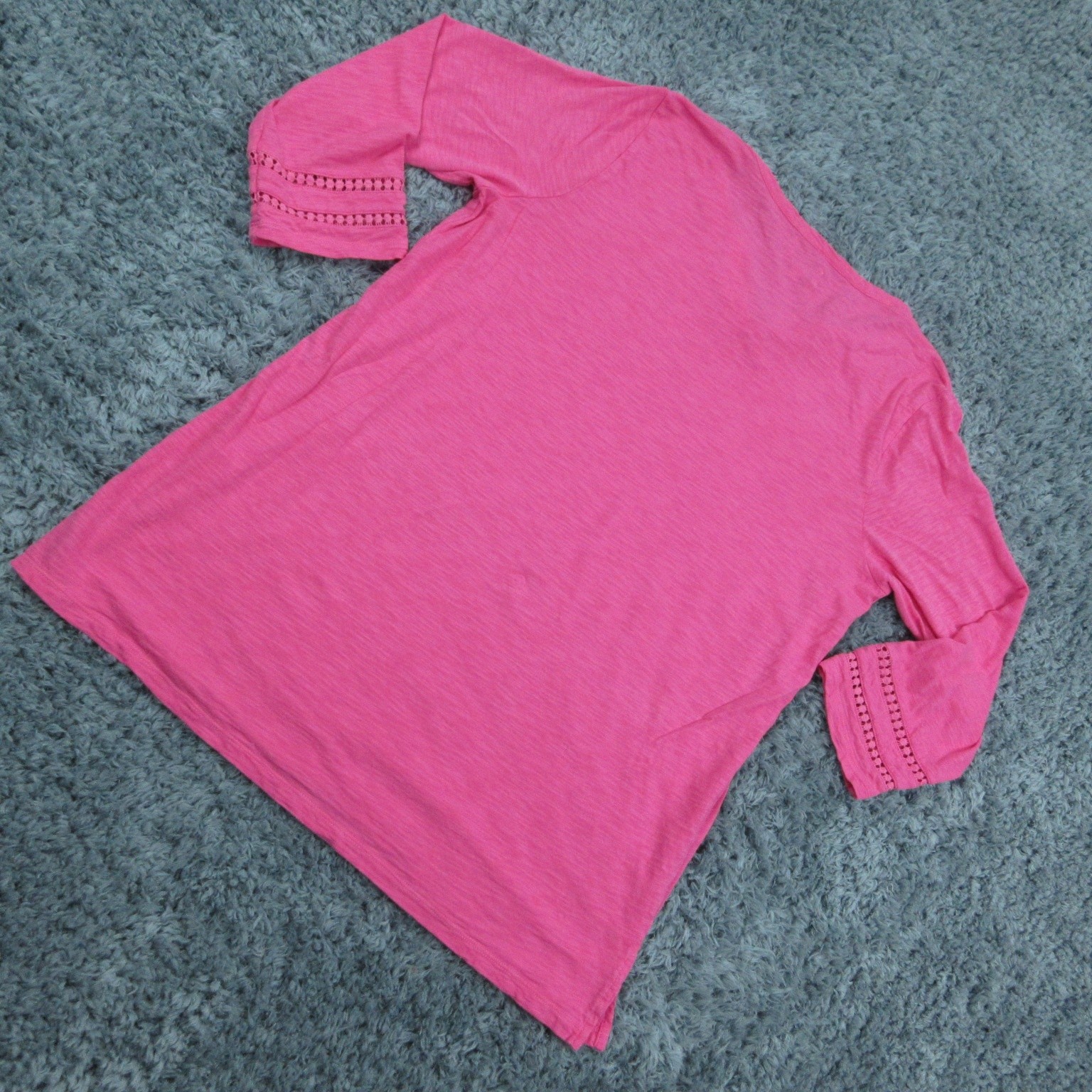 Kim Rogers Top Womens Medium Pink 3/4 Sleeve Tunic Boho Crochet Trim Lightweight