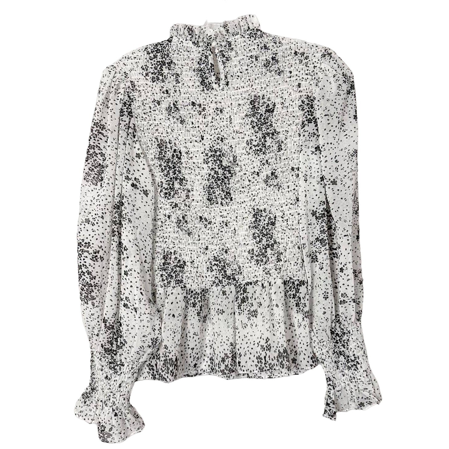 Fab’rik Women’s Speckle Print Long Sleeve Smocked Blouse White Black Size Medium