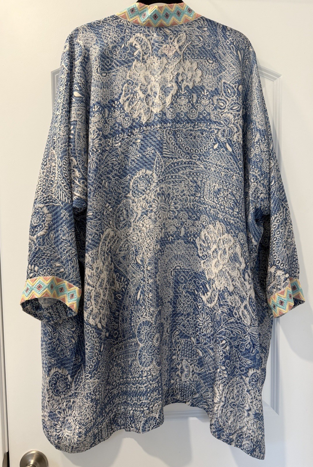 NWT Johnny Was Dolce Kimono 3D Denim Print Embroidered Pockets Blue XL New $318