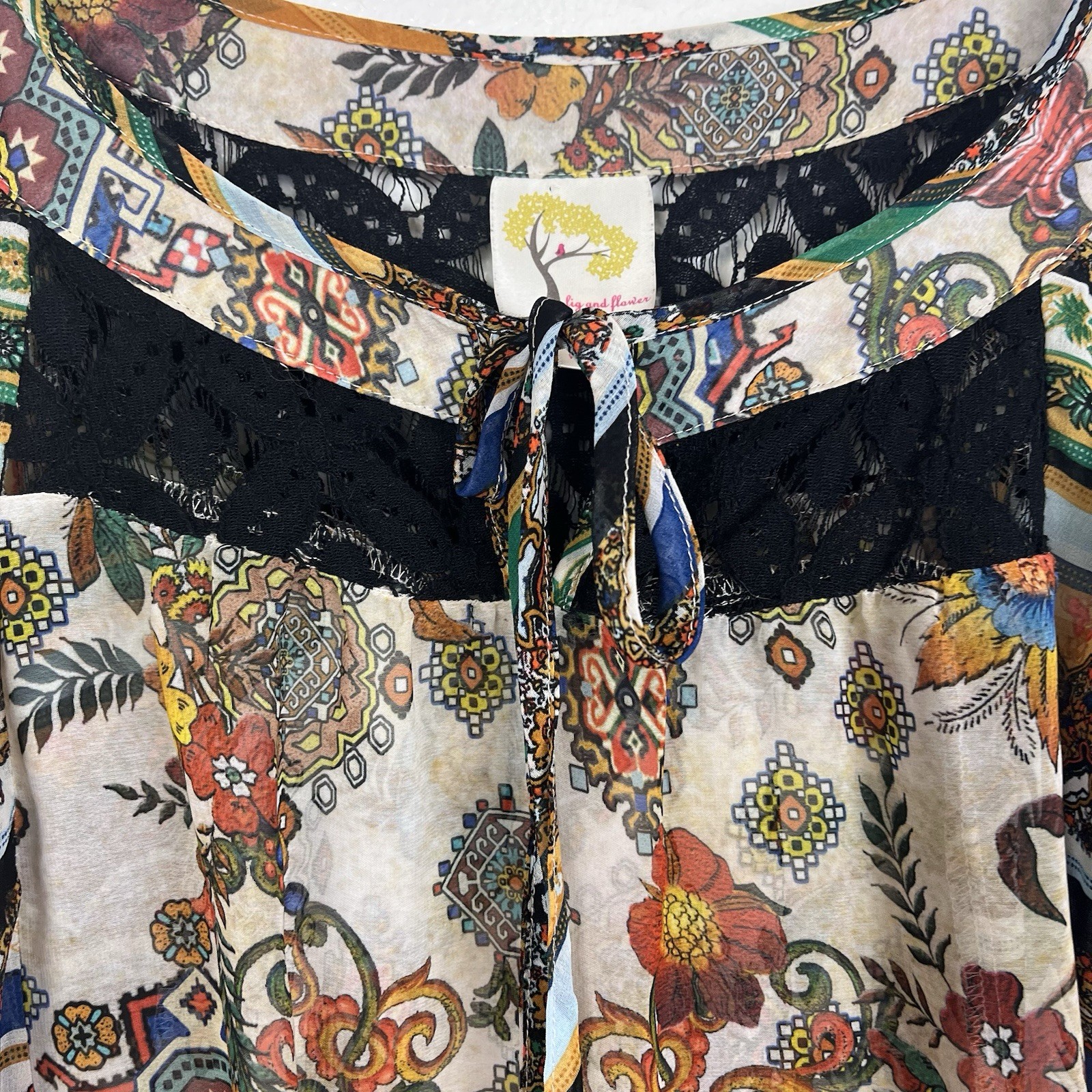 Fig and Flower Women’s Semi Sheer Multicolor Floral Blouse Peasant Size Large