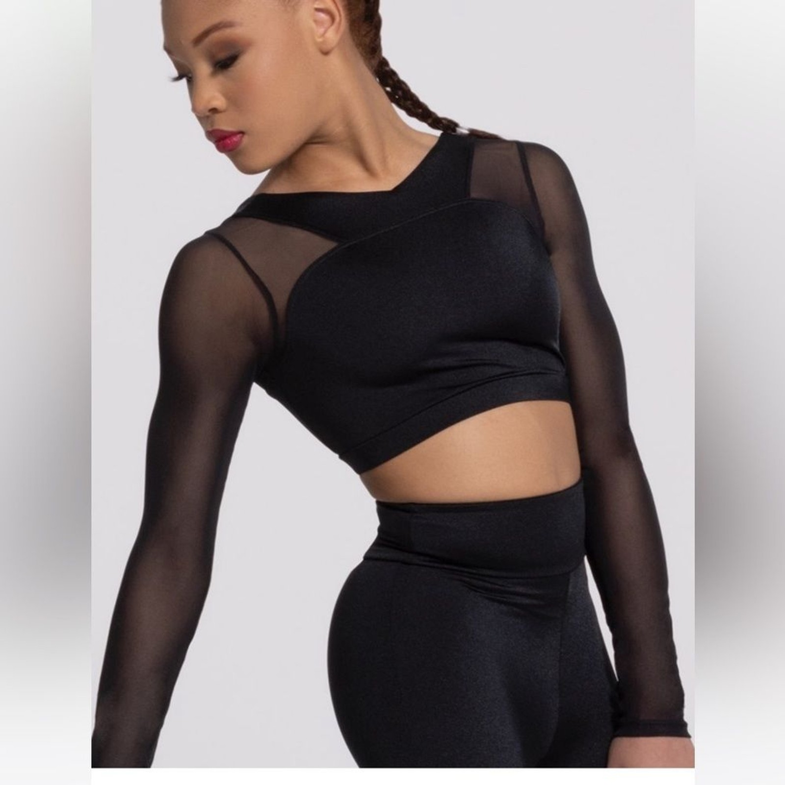 Balera Black Mesh-Sleeve Dance Crop Top Sports Bra Medium