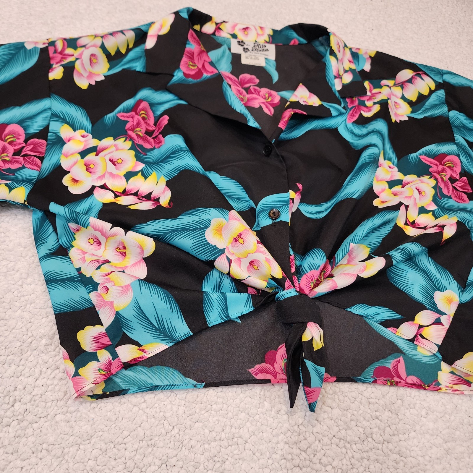 Vintage 90’s Hilo Hattie Cropped Top- Made in Hawaii- Tie Front Tropical XL