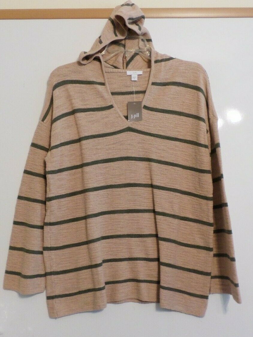 NWT J JILL LS HOODED SWEATER/TUNIC-XS-CHABLIS/CWY STRIPE-MEDIUM WEIGHT-CUTE!