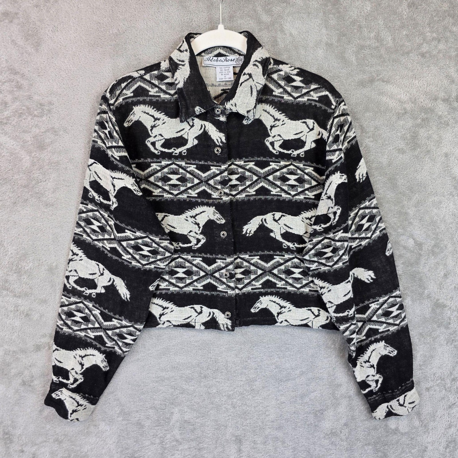 Adobe Rose Button Up Shirt Womens M Black Horse Western Cropped Southwest VTG