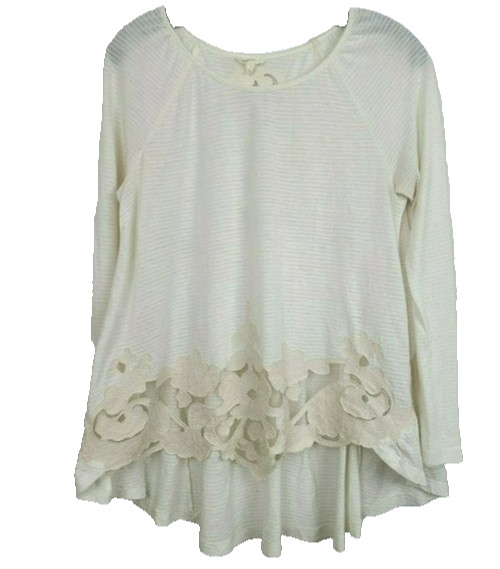 Mystree Womens Fairy BOHO Top Small Ivory Pinstripe Lace High Low Long Sleeve
