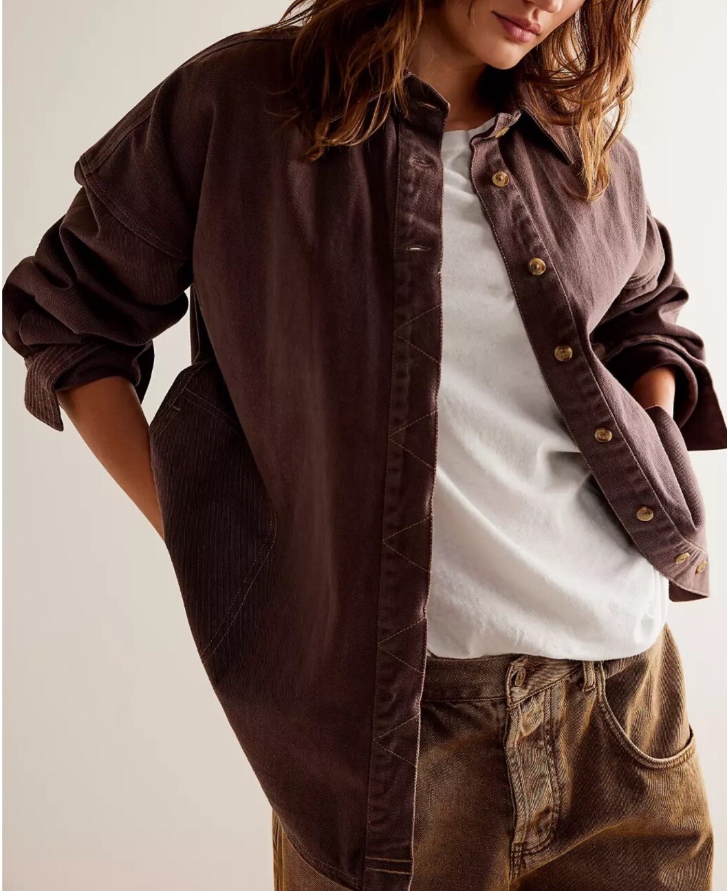 Free People We The Free Silverado Shirt Oversized Coconut Shell Brown Sz XS NWOT