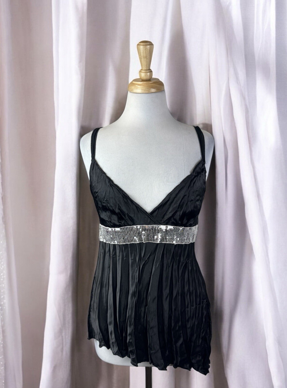 Black Satin Pleated Sequin Shimmer Tank Top Y2K Fairy Glam Formal Goth Size L