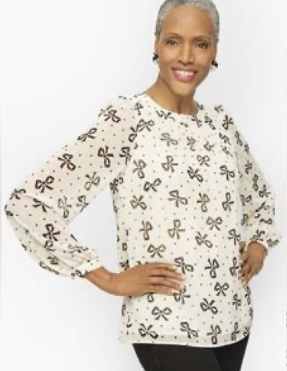 Talbots plus 2x Ivory Bow Ribbon Print Long Sleeve Top metallic silver victorian