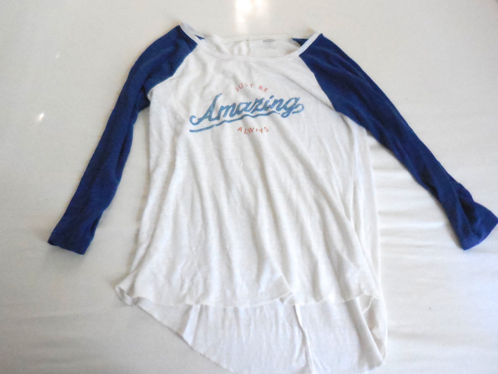 Size M, Ladies Distressed Old Navy Baseball Tee, “Just Be Amazing Always”