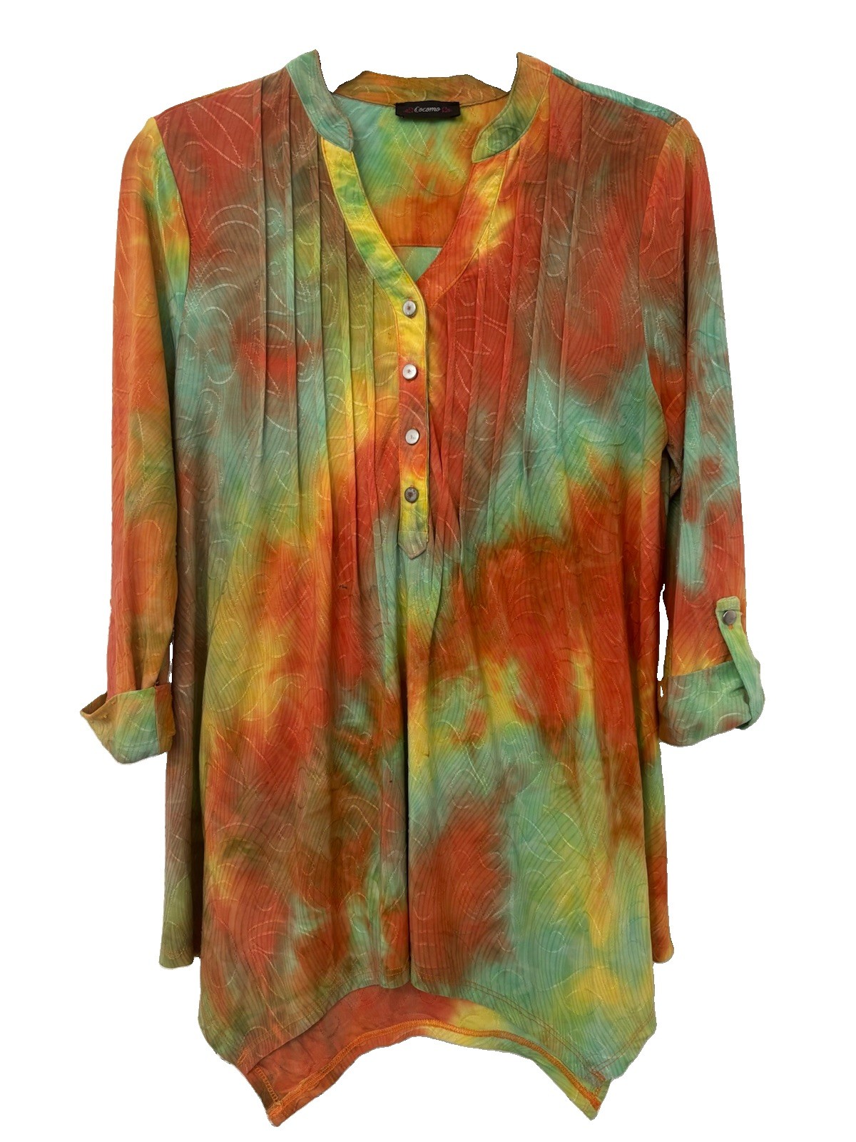 Cocomo Womens Tunic Top Multicolor Tie-Dye Button V Neck Roll Tab Sleeve Sz M