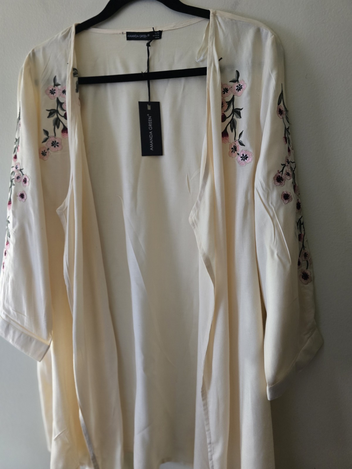 Amanda Green Embroidered 3/4 Sleeve Kimono Cardigan Boho Cottagecore Grandma SzL